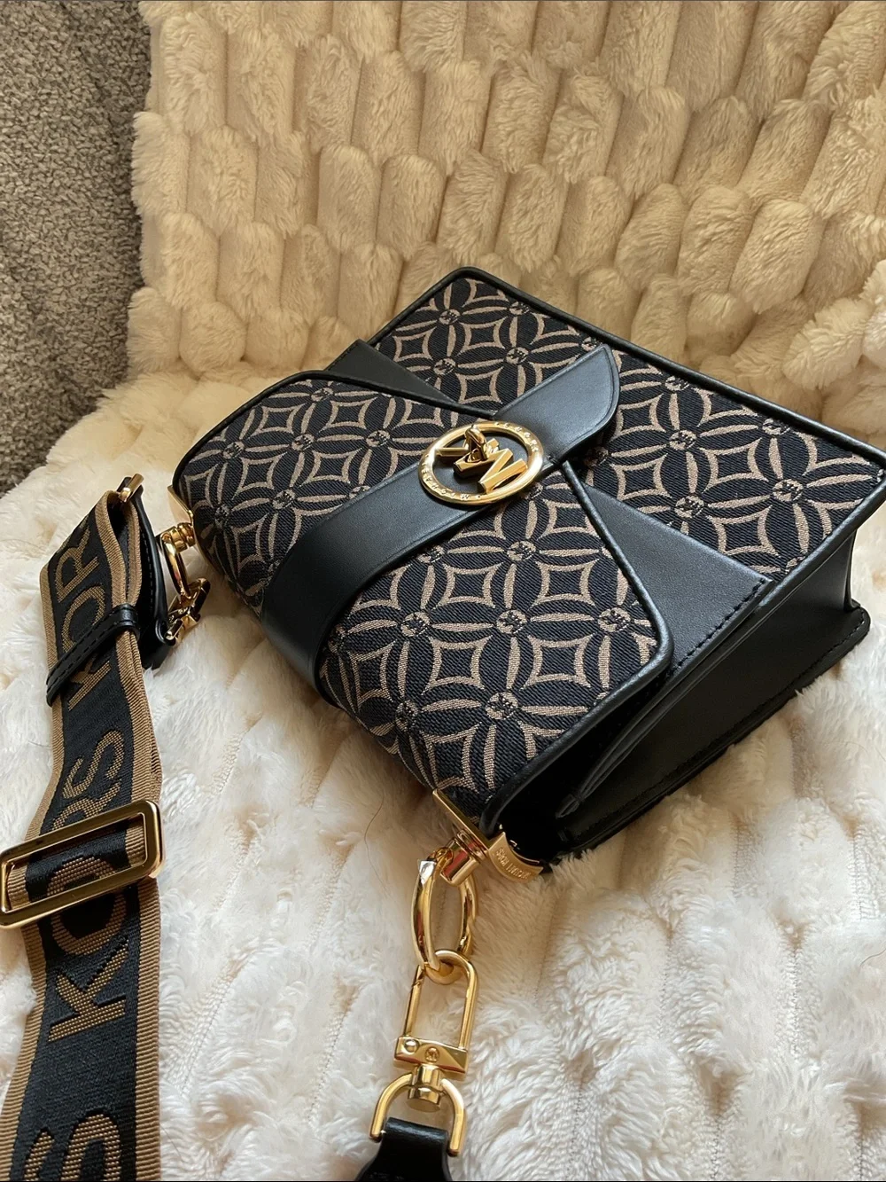 Michael Kors Black & Brown Logo Crossbody with Gold Accent Greenwich Small.